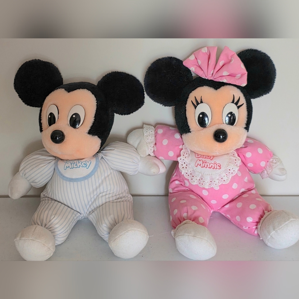 VTG 1980s Baby Mickey & Baby Minnie Mouse 12" Plush Babies Set Disneyland Disney